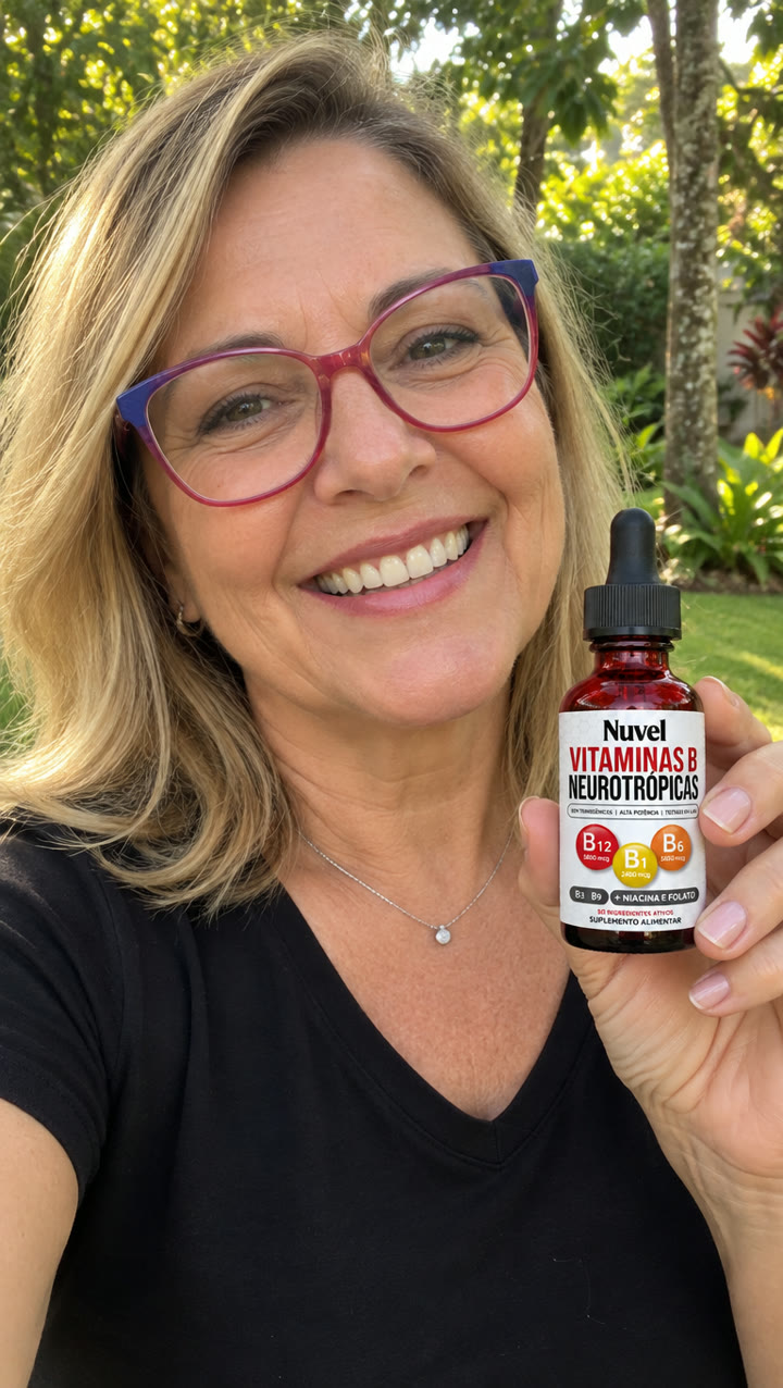 Cliente sorrindo com o frasco de Vitaminas B Neurotrópicas Nuvel no jardim